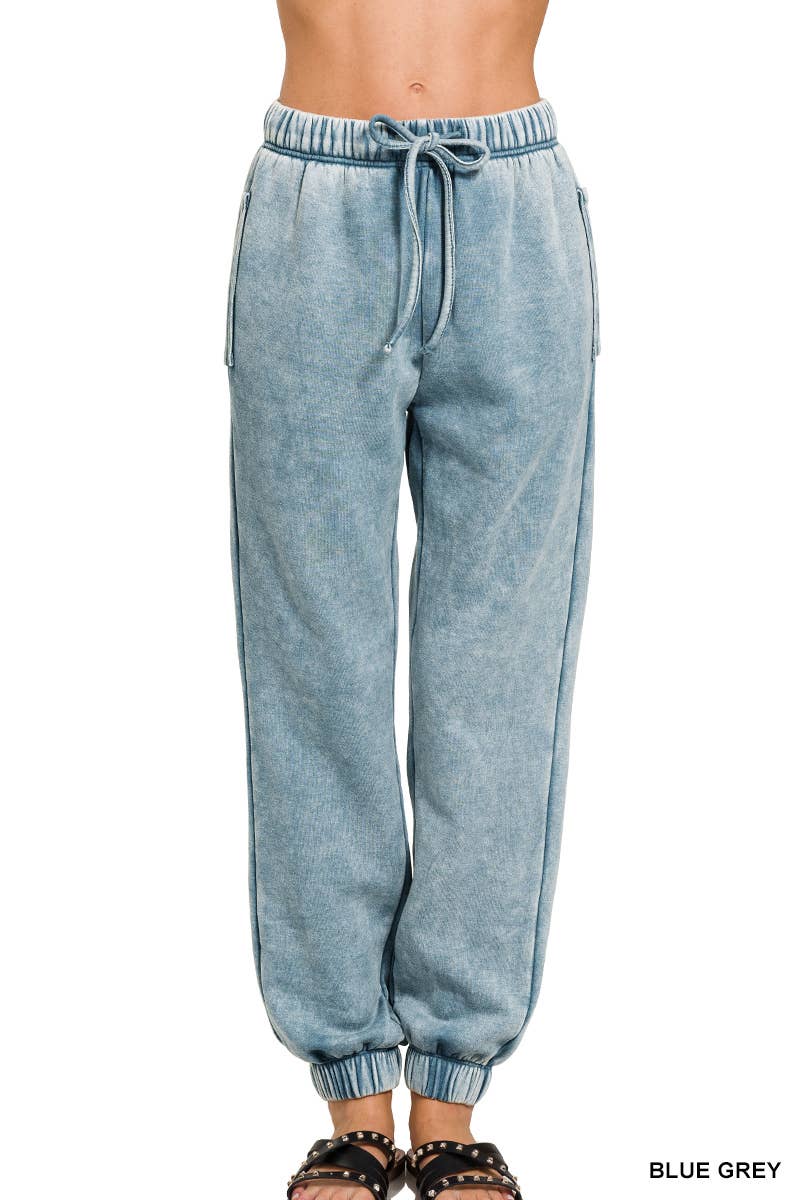 Acid Wash Fleece Sweatpants - Blue Grey