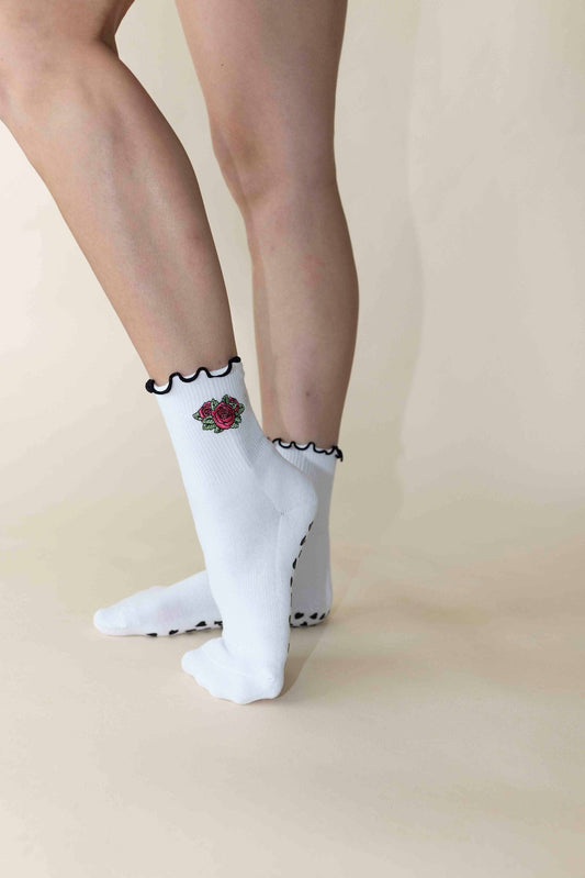 Embroidered Rose Lettuce Trim Grip Sock