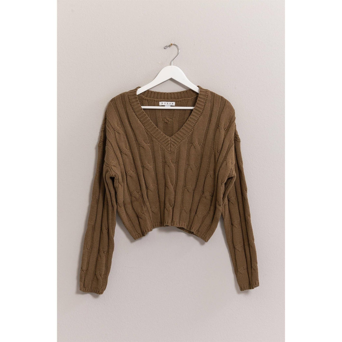 Olive V-Neck Cable Knit Sweater