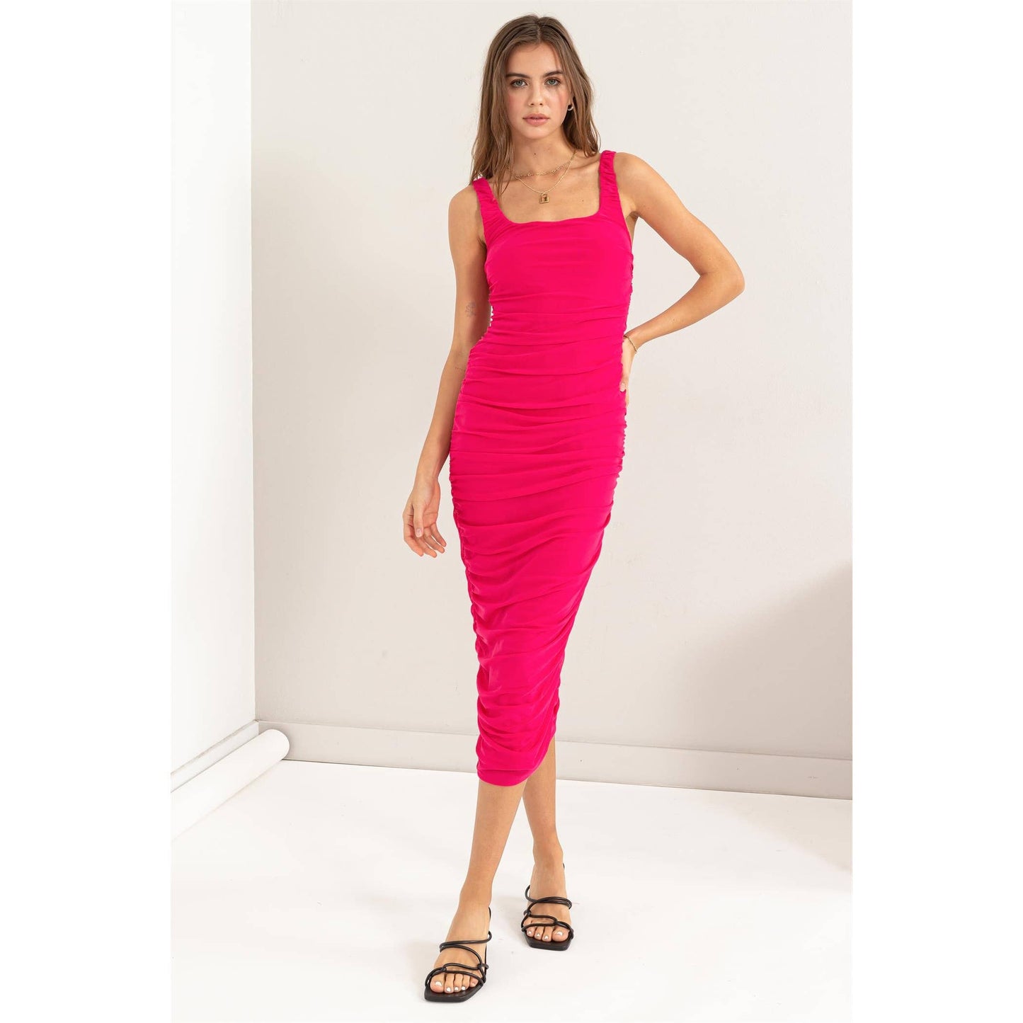 Fuchsia Mesh Ruched Bodycon Dress