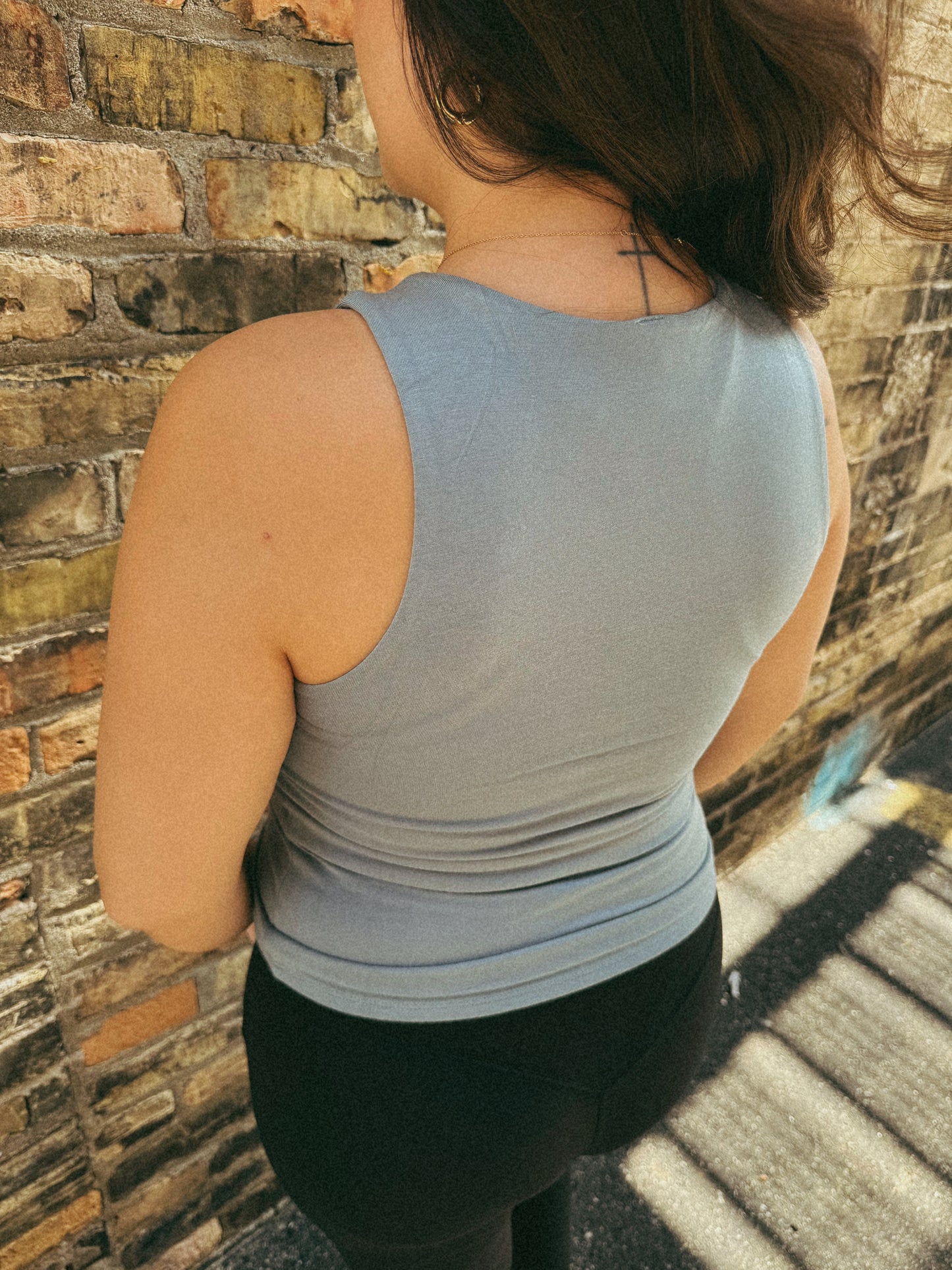 Double Layer Round Neck Tank - Blue Grey