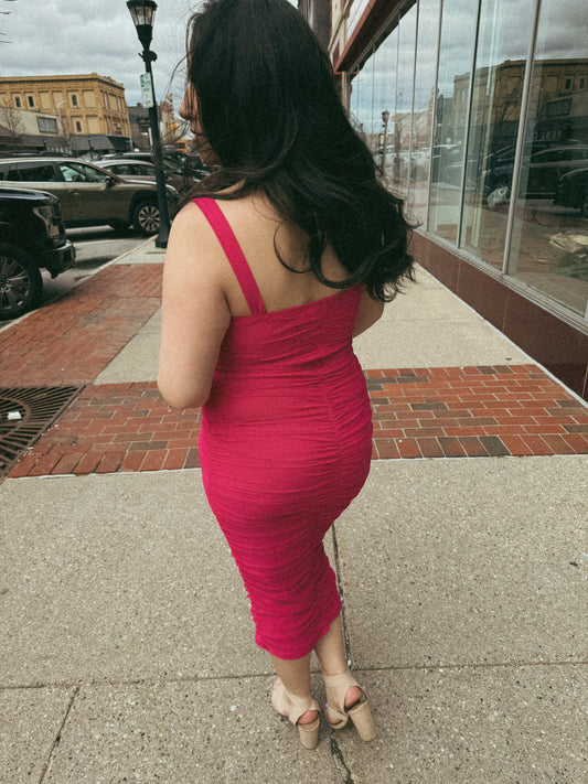 Fuchsia Mesh Ruched Bodycon Dress