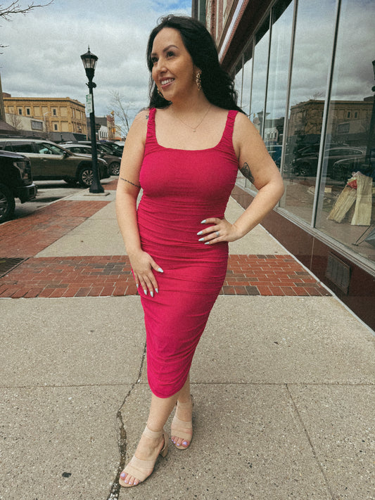 Fuchsia Mesh Ruched Bodycon Dress