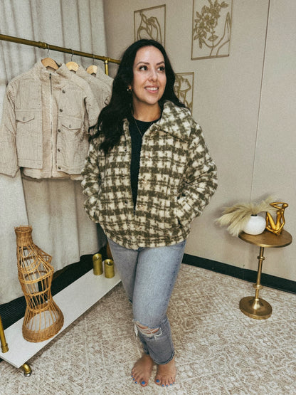 Olive Houndstooth Button Up Jacket