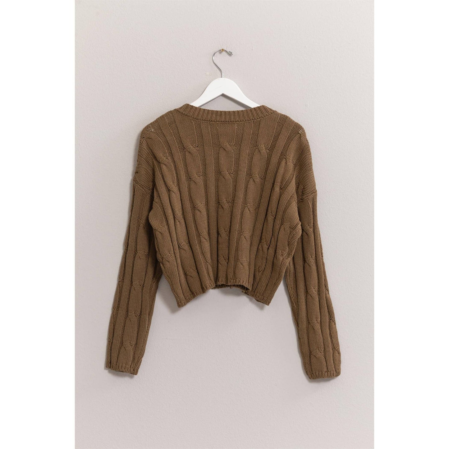 Olive V-Neck Cable Knit Sweater